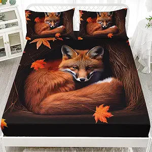 AILONEN Fox Fitted Sheet Set Twin Size, Autumn Maple Leaves Orange Animal Bed Sheet Set,Cartoon Fox Sheets Set for Kids Boys Girls,3 Pieces, 1 Fitted Sheet and 2 Pillowcases