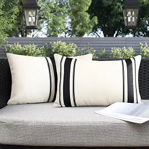 OTOSTAR Pack of 2 Outdoor Waterproof Decorative Pillow Covers 12x20 Inch Linen Geometry Pillowcases Cushion Case Garden Throw Pillow Covers Pillows Shell for Patio Furniture Couch Tent Balcony (Black)