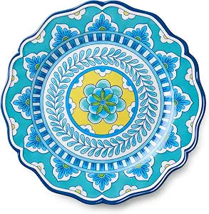 Porto 11" MELAMINE DINNER PLATES, SETof 4 artistically designed Tile Mandala Art, Turquoise Blue Yellow Patterns
