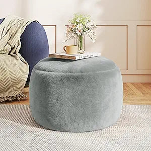 Round Stuffed Pouf Ottoman Foot Rest, Faux Fur Poufs with Memory Foam Filling, Ottomans for Living Room, Nursery, Dorm, Soft Foot Stool Ottoman for Couch, Perfect for Resting Your Feet (Grey, 20 Inch)