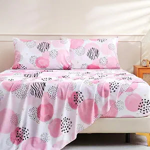King Sheet Set Pink Dots Printed Bedding with 16-inch Deep Pocket