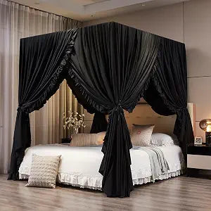 Mengersi Black Canopy Bed Curtains Queen Size,Royal Breathable Lightweight Private Space-Elegant Bed Curtains Bedroom Decoration Accessories for Adults