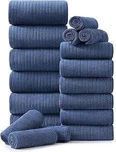 Hailea 18 Piece Family Bath Towel Set Include 6 Bath Towels,6 Hand Towels and 6 Washcloths Soft Bathroom Towel with Hanging Loops,Highly Absorbent Quick Dry Towels Set for Bathroom,Hotel and Spa-Navy