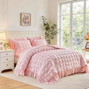 Flysheep Blush Pink Plaid Seersucker Comforter Set with Ruffled Fringe Twin Size, 3 Pieces Soft Fluffy Farmhouse Bedding Set for All Season, Elegant Bed Set with Ruffle Shams (Blush Pink, Twin)