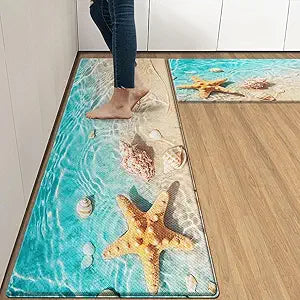 Anti-Fatigue Beach Kitchen Rug Set of 2 Cushioned Seashell Rug Mat for Floor, Summer Standing Waterproof Non-Slip Mat PVC Ergonomic Comfort Foam Decor for Kitchen