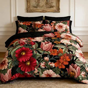 CCoutueChen Black Floral Comforter Set Queen, Vintage Botanical 3 Piece