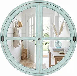 30" Round Window Mirror, Solid Wood Faux Windowpanes Wall Decor with Shatterproof Glass, Distressed Teal Coastal Farmhouse Accent Mirror for Entryway, Living Room, or Dining Room