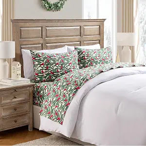 Hallmark - Holiday Sheets, 4-Piece Soft Brushed Cotton Sheet Set with Matching Pillowcase (Birdie Multi, Full)