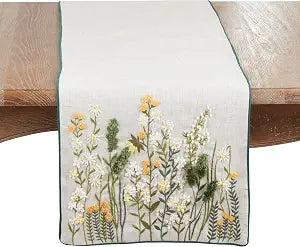 SARO LIFESTYLE Embroidered Linen Blend Table Runner Floral Lined Decorative Table Runner for Dining Tables, 16"x72"