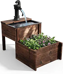 Outdoor Water FountainFloor Wooden Rectangular Double-Layer Old-Fashioned Pump Fountain with Flower BoxPlug-in Electric Decorative Hand Pump,Outdoor Water Feature for Garden Patio Backyard