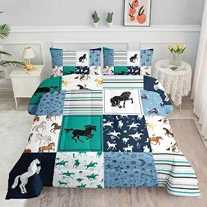 Kids Comforter Set Horses Printed Pattern Bedding Set with 1 Comforter and 2 Pillowcases for Girls Boys Bedroom All Season(Horses Full)