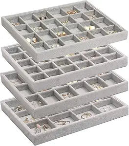 DIOMMELL Set of 4 Stackable Velvet Jewelry Trays Organizer, Jewelry Display Storage Box Showcase Holder Dresser Drawer Organizer for Earring Necklace Bracelet Ring Accessary, Grey