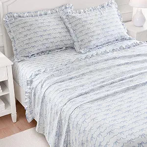 Intelligent Design Bow Ruffle Full Sheet Set 4 Piece, White/Blue