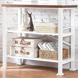 HOMBAZAAR 3 Tier Bookshelf,White Brown Industrial Book Shelf,Engineered Wood and Metal Small Bookcases,Low Shelf Bookcase for Living Room,Office,Bedroom and Kitchen
