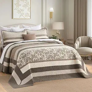 Lightweight King Bedspreads 120x120, 100% Cotton Oversized Quilt, Striped Botanical Pattern Coverlet, Reversible Farmhouse Quilted Bedding Set 3 Piece, Brown/Beige