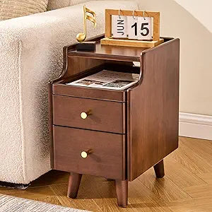 Narrow Walnut Wooden Nightstand 11.8" Wide - Solid Wood Bedside Table with Drawers, Open Shelf & Cable Hole, Modern Slim Dark Night Stand for Small Spaces Bedroom, 15.7" D x 11.8" W x 19.7" H
