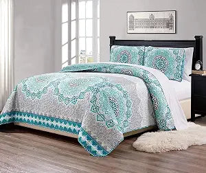 Linen Plus 7pc King Over Size Quilted Bedspread with Sheet Set Floral Medallion Turquoise Teal Aqua Blue Coastal Plain/Gray New