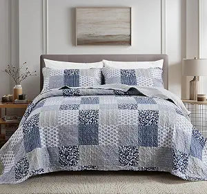 Cozyholy Navy Blue Gray King Size Quilt Set, 3 Piece Quilted Bedspread Set Patchwork Plaid Bedding Comforter Set Reversible Lightweight Microfiber Bed Spread Coverlet Set for All Seasons
