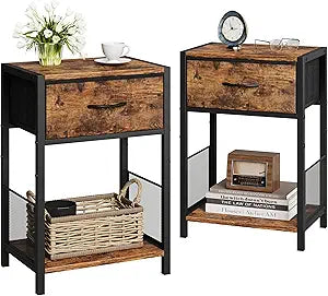 YAUKOMEL Nightstand Set of 2,End Table with Fabric Drawer,Side Table Set of 2,Storage Shelf,Bedside Table with Open Shelf,Sofa Table for Living Room,Bedroom,Small Space Rustic Brown CTG70BR-2
