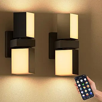 XMCOSY+ Outdoor Wall Lights, 1400LM RGBCW Smart Porch Lights Outdoor with 32 Scene Modes, 350 Adjustable Dual-Head Wall Sconce, IP65 Waterproof, Compatible with Alexa and Google Assistant, 2 Pack