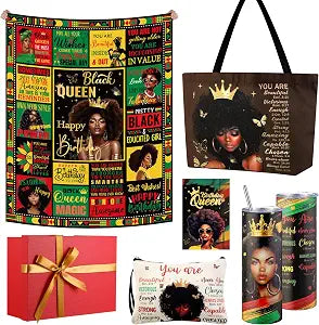 Geiserailie African American Birthday Gifts for Women Afro Black Girl Blanket, Tote Bag, Gift Box and More for Black Mom Friends Lady Mother's Day Holiday Present