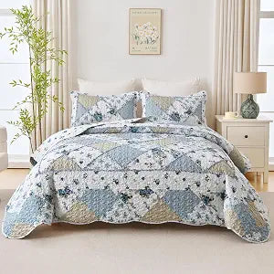 MURT Quilts Queen Size, Floral Patchwork Bedding Set, Blue Bedspread