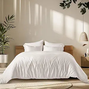 EVERGRACEHOME Cotton Tencel Cooling Duvet Cover Set Queen Size for Hot Sleepers, Luxe Eucalyptus Lyocell Bedding Set, Sateen Weave Comforter Cover 88" x 92" Button Closure & 2 Shams, Bright White