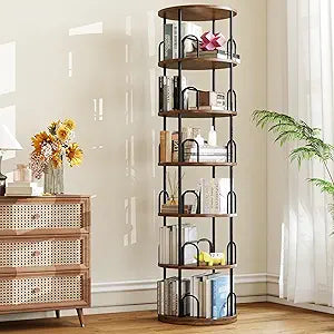 6 Tier Rotating Bookshelf Tower, 360 Display Round Bookcase, Floor Standing Corner Revolving Bookshelf Organizer Storage Rack for Home Study Office, Small Spaces (Black, 6 Tiers)