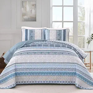 WONGS BEDDING Boho Quilt Set Queen, 3 Pcs Light Blue Summer Bedspread