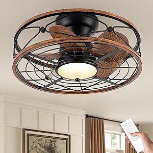 TIFEROR 20'' Low Profile Ceiling Fans With Light, Flush Mount Caged Ceiling Fan With Remote Control, Reversible Motor With Low Noise And Energy Efficient, 3 Color LED