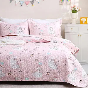 JSD Pink Unicorn Kids Quilt Set Full/Queen, 3 Piece Girls Printed Bedspread Coverlet with Pillow Shams, Lightweight Winter Quilted Blanket
