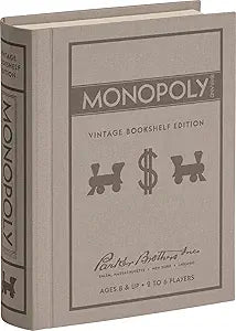 WS Game Company Monopoly Vintage Bookshelf Edition Board Game Premium Fabric-Wrapped Book Storage Box with Retro Graphics, Wooden Houses, Strategy Board Games for Kids, Adults & Family, Ages 8+
