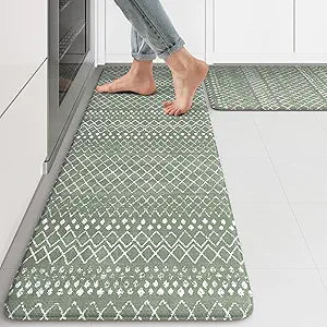 KIMODE Kitchen Mats for Floor Anti Fatigue Green Boho Kitchen Rugs Sets of 2 Cushioned Kitchen Floor Mats Comfort Standing Mat Geometric Laundry Room Rug for Bathroom Sink Office Desk 17"x47"+17"x29"