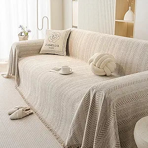 Chenille Sofa Throw Blanket with Herringbone Pattern and Tassel Edges, Thick & Soft Couch Cover, Machine Washable, Anti-Slip, Pet-Friendly, Fits 3/4-Seater (Beige, 71x165)