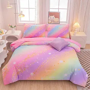 Rainbow Bedding Set Queen Size 6-Piece Reversible Girls Comforter with Deep-Pocket Sheet, Gradient Galaxy Design, Whole-Piece Filling, Machine Washable Bed-in-a-Bag for Kids Room Makeover & Gifts