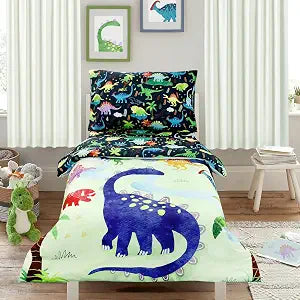 4 Piece Toddler Bedding Set, Ultra Soft and Breathable Cartoon Dinosaur Toddler Comforter Sets for Boys Includes Quilted Comforter, Fitted Sheet, Flat Sheet and Pillowcase
