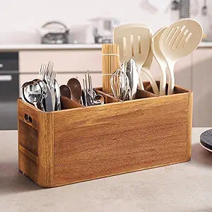 16" Wooden Kitchen Utensil Holder, Extra Large Acacia Wood Organizer for Cooking Tools, Utensils & Cutlery Storage 4-Compartment Countertop Holder