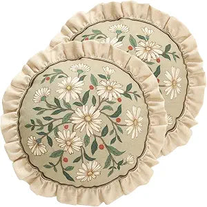 ISAENNE Design Round Floral Linen Throw Pillow Covers Diameter 16" Pack of 2,Beige Simple Elegant Daisy Pattern Cushion Covers Decor Pillowcases for Bed,Living Room,Outdoor,Car