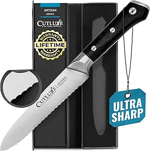 Cutluxe Serrated Kitchen Utility Knife - 5" Tomato Knife Ultra Sharp Blade, Ergonomic Handle, Full Tang, Forged High Carbon German Steel Artisan Series