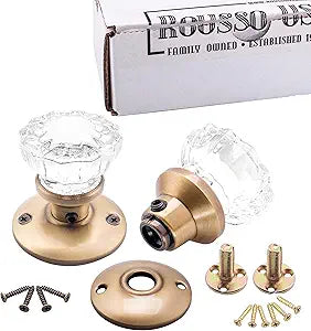 Roussos Reproductions Crystal Fluted Glass French Door Knob Set- Dummy Mount Non-Turning (Antique Brass)