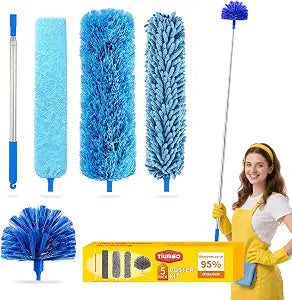 Tiumso 5-in-1 Microfiber Duster Kit with 100 Extension Pole Reinforced Stainless Steel Telescopic Handle for High Ceiling Fans, Cobwebs & Vents Multi-Head Dusters for Cleaning with Anti-Spin Pole