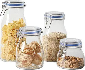 Sur La Table Lyon Court 4-Piece Glass Canister Set with Airtight Trigger Clamp Lids, Clear 71 oz, 54 oz, 37 oz & 22.5 oz Sizes, Rubber Gasket Seal, Dishwasher Safe Food Storage Jars