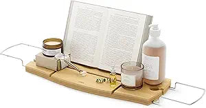 Umbra Aquala Bathtub Tray Extendable Caddy with Book Stand and Wine Glass Holder, Natural