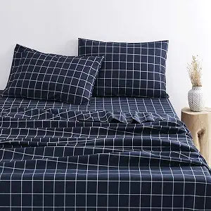 Wake In Cloud - Geometric Bed Sheets, 4-Piece Sheet Set, Checkered Grid Plaid Check Checker Gingham Preppy Aesthetic Bedding, Deep Pocket, Navy Blue, Queen Size