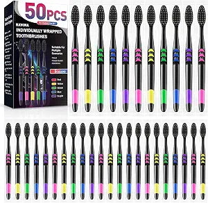 50 PCS Premium Individually Wrapped Bulk Toothbrush, Disposable Toothbrush
