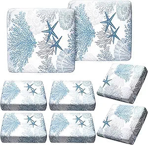 Hosuly 8 Pcs Summer Sofa Cushion Cover Patio Stretch Beach Outdoor Seat Cushions Covers Starfish Seashell Coral Replacement Couch Chair Slipcovers Coastal Sofa Seat Cover Flexibility