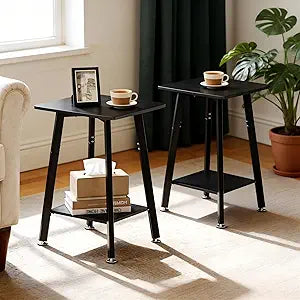 King Oasis 2-Tier Small Side Table for Living Room, End Table with Storage Shelf, Wood & Metal Bedside Table Nightstand for Small Spaces, Sturdy Sofa Side Table for Bedroom, Matte Black 2pcs