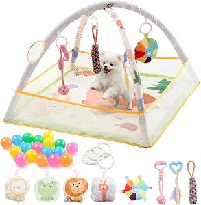 30 x 30 x 21 Inch Puppy Play Gym with 9 Hanging Toys & 18 Ocean Balls Interactive Activity Mat for Dogs & Cats, Includes Squeaky Plush & Chew Toys Portable Snuffle Mat for Pets up to 25 Lbs