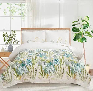 Ycosy Flower Bedspread Set Twin Size Bedding Set Reversible Floral Coverlets Set Country Quilt Lightweight Ridge Green Leaves Bed Decor for All Season -1 Quilt +2 Pillow Shams