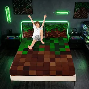 Manfei Pixelated Kids Twin Size Fitted Sheet,Patchwork Grid Video Games Boys Girls Bed Sheets,Miners Lattice Simple Room Decor,Dark Green Brown Bedding Set,1 Pillowcase(No Flat)